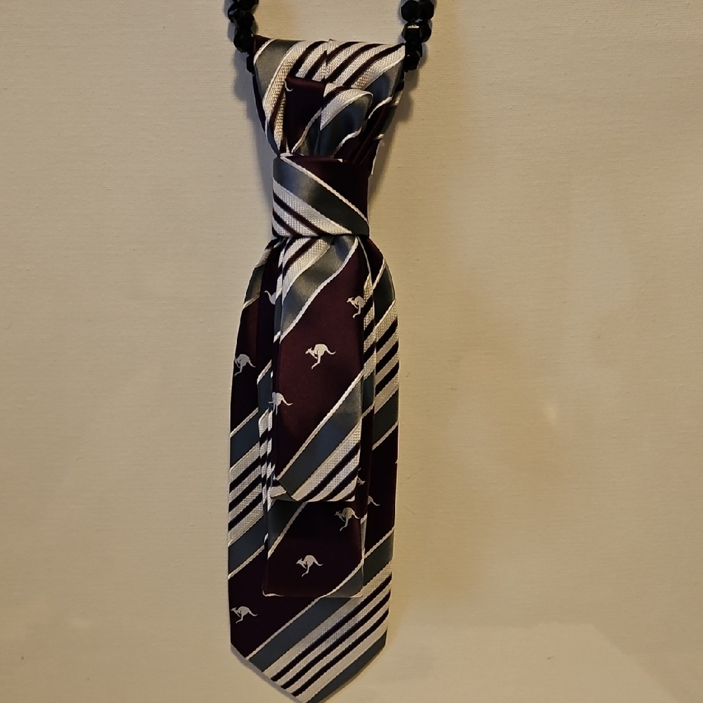 Ladies Tie Necklace Elegant Striped Tie in Burgundy and Silver